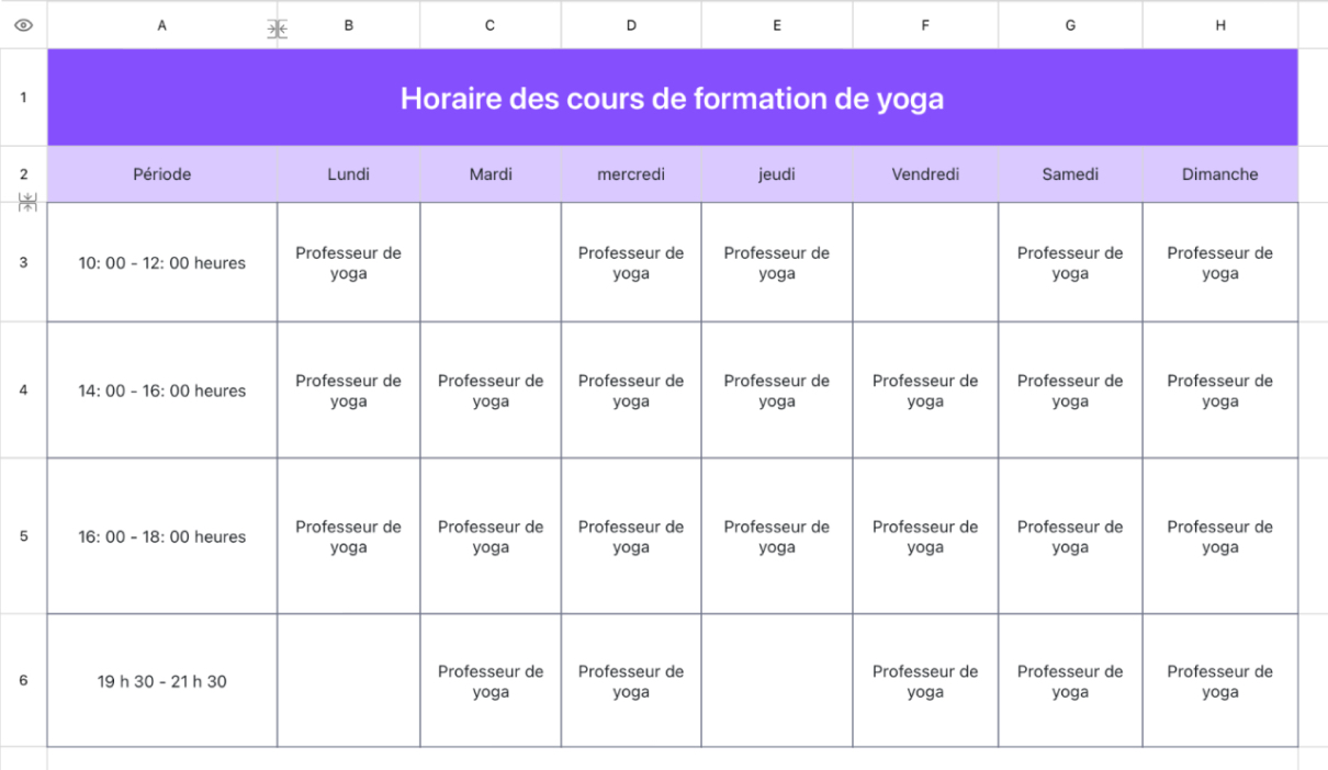 Horaire des cours de formation de yoga